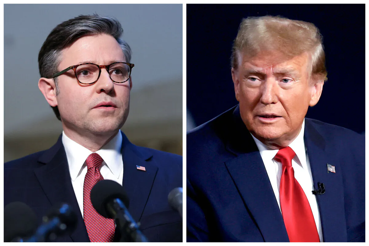(Left) House Speaker Mike Johnson (R-La.) at the U.S. Capitol in Washington on Feb. 15, 2024. (Right) Former President Donald Trump speaks during a Fox News town hall in Greenville, S.C., on Feb. 20, 2024. (Kevin Dietsch, Justin Sullivan/Getty Images)