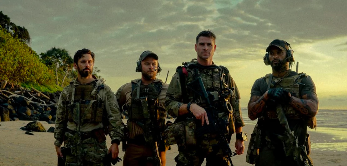 (L–R) Master Sgt. John "Sugar" Sweet (Milo Ventimiglia), Sgt. Abell (Luke Hemsworth), AF Sgt. JJ Kinney (Liam Hemsworth), and Sgt. Bishop (Ricky Whittle), in "Land of Bad." (The Avenue/Variance Films)