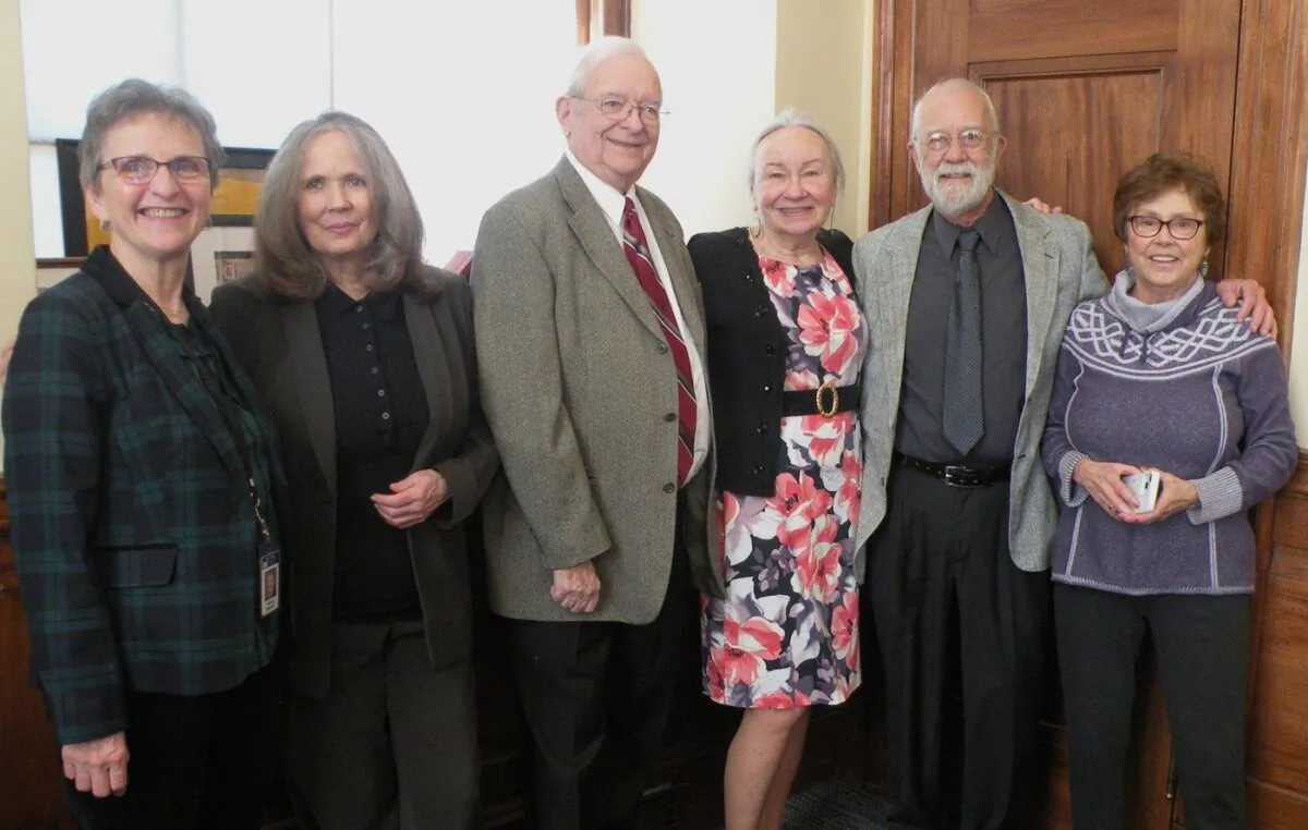 Dr. Fern Desjardins, St. Agatha; (left to right) Cathie Pelletier, Allagash; Richard L'Heureux, Sanford native and Topsham resident; Cecile Thornton, Lewiston; Denis Ledoux, of Lewiston and Lisbon; and previous Hall of Fame inductee Doris Bonneau attend a Francophonie Day event at the Maine State House in Augusta, Maine on Mar. 12, 2024 in a handout photo. (The Canadian Press/HO-Juliana L'Heureux)
