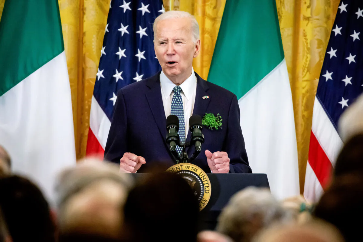 President Joe Biden speaks during a Saint Patrick’s Day event in the East Room of the White House in Washington on March 17, 2024. (Samuel Corum/Getty Images)