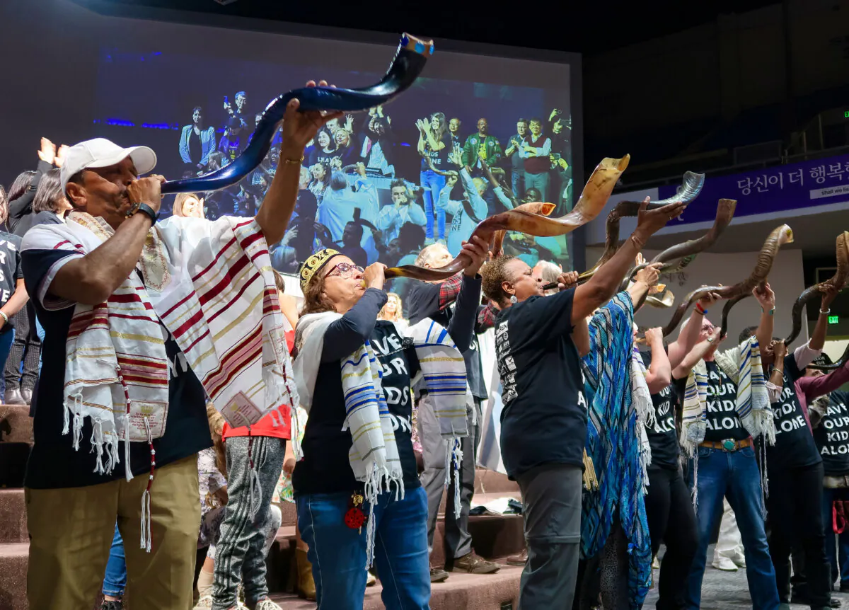 The Vessel of Mercy group performs at the Time to Stand rally at the Glory Church in Los Angeles on March 16, 2024. (Sophie Li/The Epoch Times)
