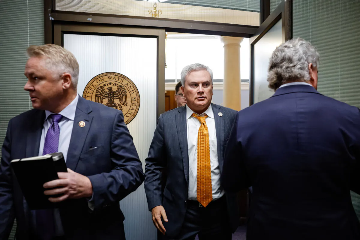 Rep. James Comer (R-Ky.) speaks to the media as he leaves a House Republican caucus meeting where the conference voted on a speaker of house nominee in the Longworth House Office Building in Washington on Oct. 11, 2023. (Anna Moneymaker/Getty Images)