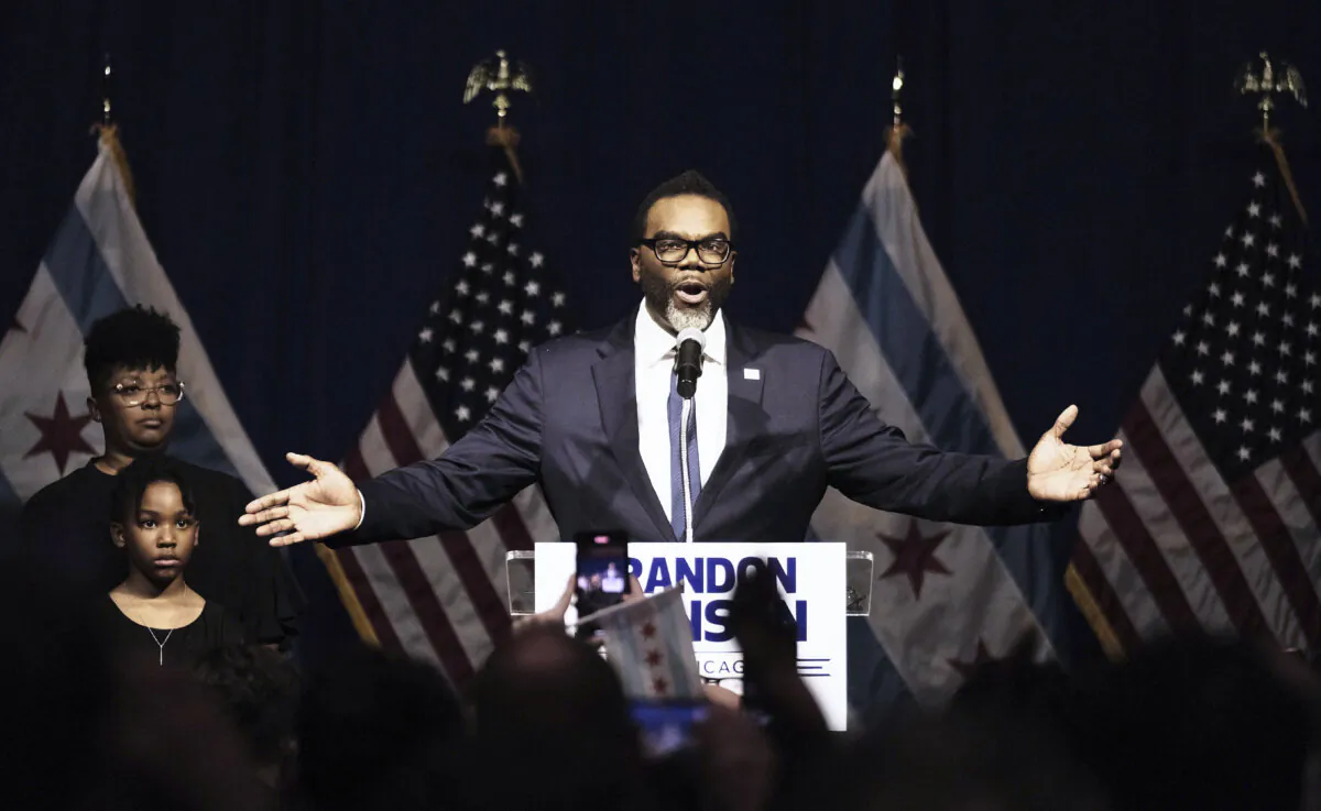 Brandon Johnson speaks after being projected winner as mayor in Chicago on April 4, 2023. (Alex Wroblewski/Getty Images)