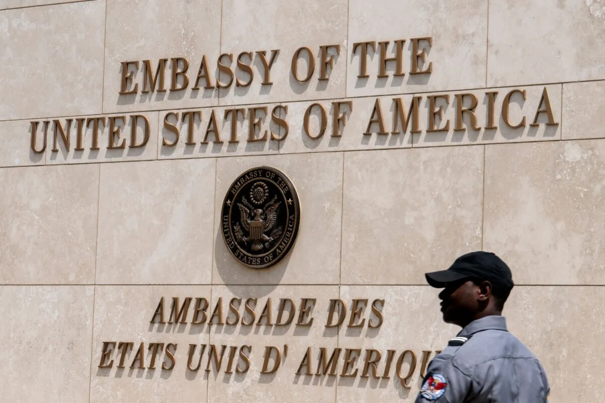 Haitian security personnel guard outside the U.S. Embassy in the Haitian capital Port-au-Prince on April 29, 2019. (CHANDAN KHANNA/AFP via Getty Images)