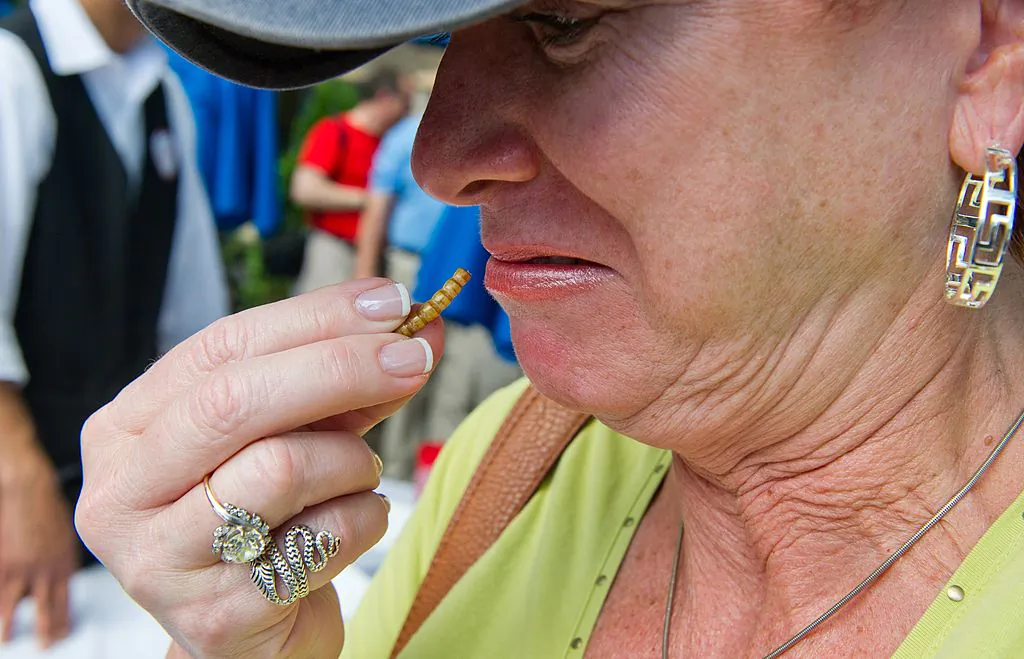 A patron makes a face as she prepares to eat a mealworm during an event in Washington, DC, on June 4, 2014. (Karen Bleier/AFP via Getty Images)