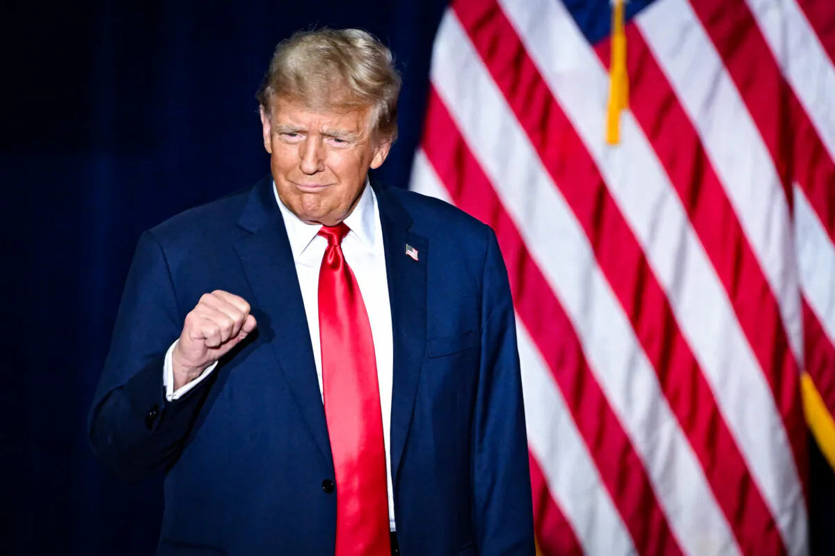 Former President and Republican presidential hopeful Donald Trump arrives at a watch party during the 2024 Iowa Republican presidential caucuses in Des Moines, Iowa, on Jan. 15, 2024.  (Jim Watson/AFP via Getty Images)