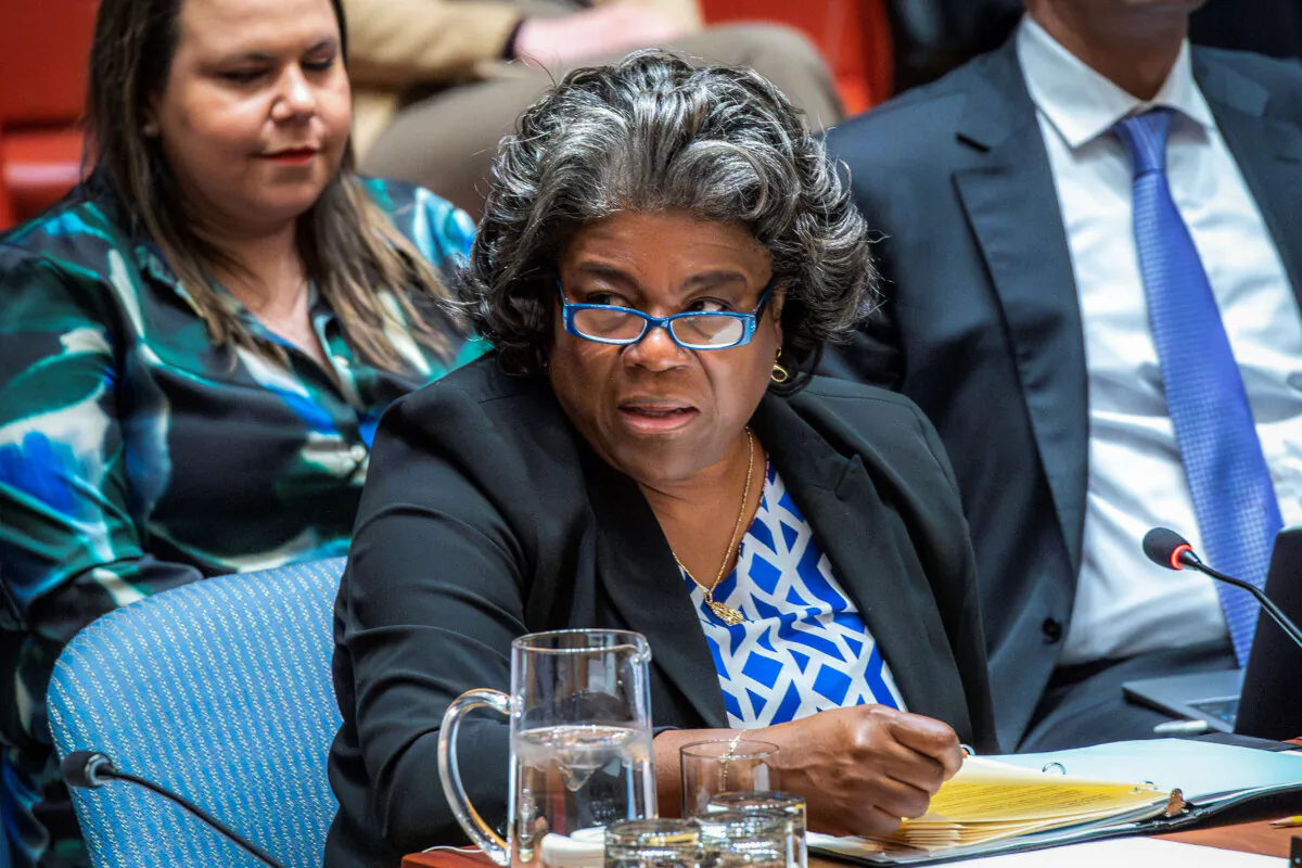 U.S. United Nations Ambassador Linda Thomas-Greenfield addresses a meeting of the United Nations Security Council on maintenance of international peace and security Nuclear disarmament and non-proliferation, at U.N. headquarters, New York on March 18, 2024. (Eduardo Munoz Alvarez/AP Photo)
