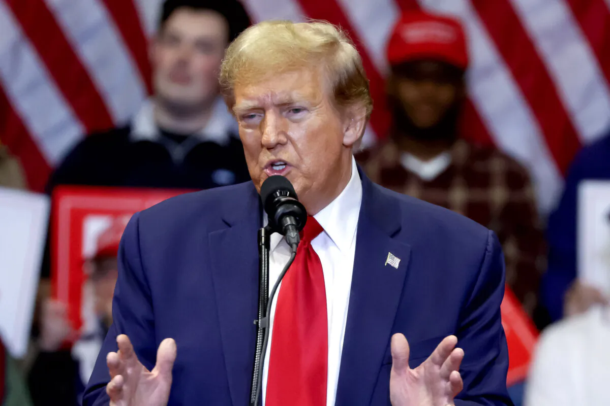 Republican presidential candidate and former President Donald Trump speaks during a campaign event at the Winthrop Coliseum in Rock Hill, S.C., on Feb. 23, 2024. (Alex Wong/Getty Images)