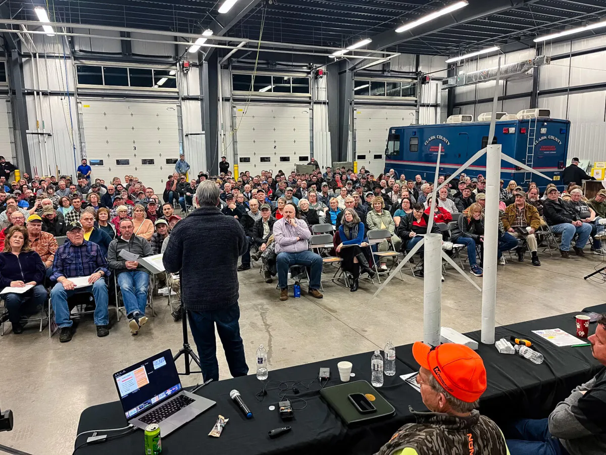 Wisconsin town residents gather at a Farmland First meeting to discuss the issue of wind farms proposed in their rural communities, in 2024. (Courtesy of Olivia Klemm)