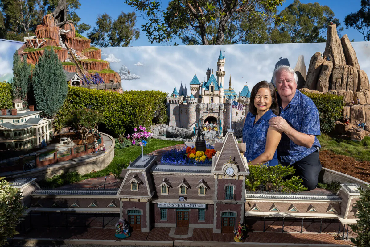 Architects David and Frances Sheegog pose with their mini Disneyland in their Anaheim Hills home, Jan. 11, 2024, in Anaheim, California. (Allen J. Schaben/Los Angeles Times/TNS)