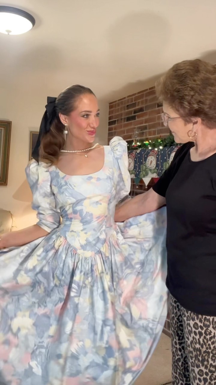 Ms. Jan dons an outfit with puffed sleeves from her grandmother's wardrobe.