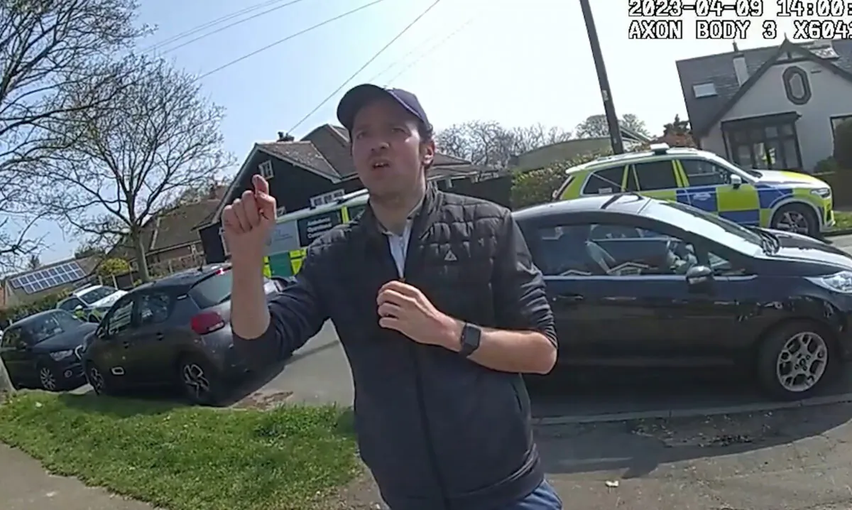 Screengrab taken from bodyworn video of Luke D'Wit talking to police on Mersea Island, near Colchester, Essex, on April 9, 2023. (Essex Police)