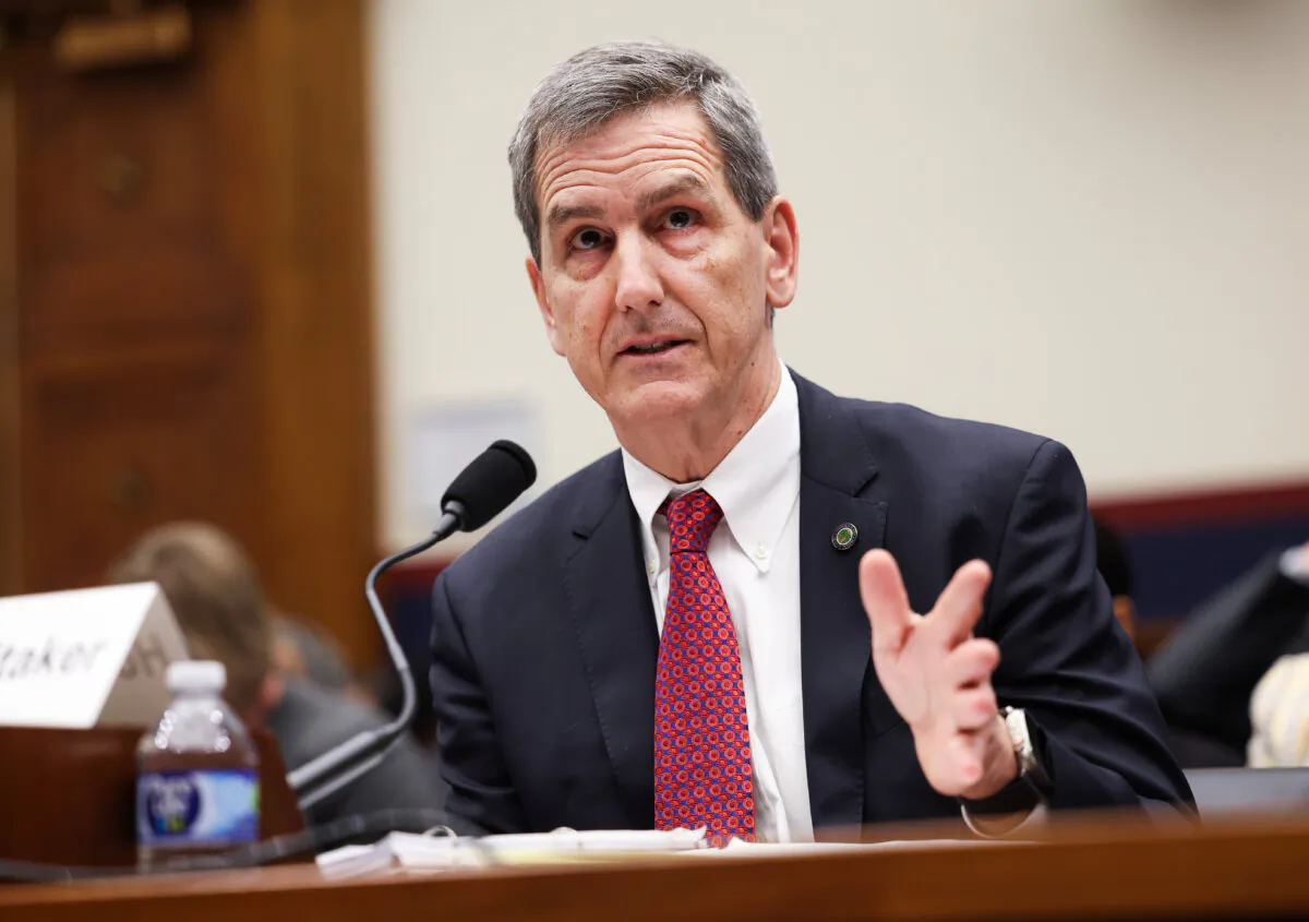 Federal Aviation Administration Administrator Michael Whitaker testifies before the House Transportation and Infrastructure Committee in the Rayburn House Office Building in Washington on Feb. 6, 2024. (Kevin Dietsch/Getty Images)