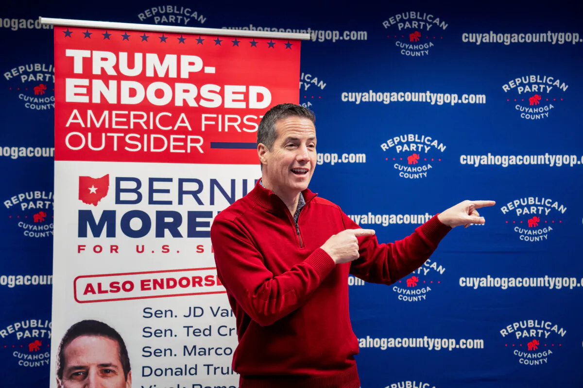 Bernie Moreno, Republican Senate candidate, speaks at the Republican Party of Cuyahoga County in Independence, Ohio, on March 19, 2024. (Madalina Vasiliu/The Epoch Times)