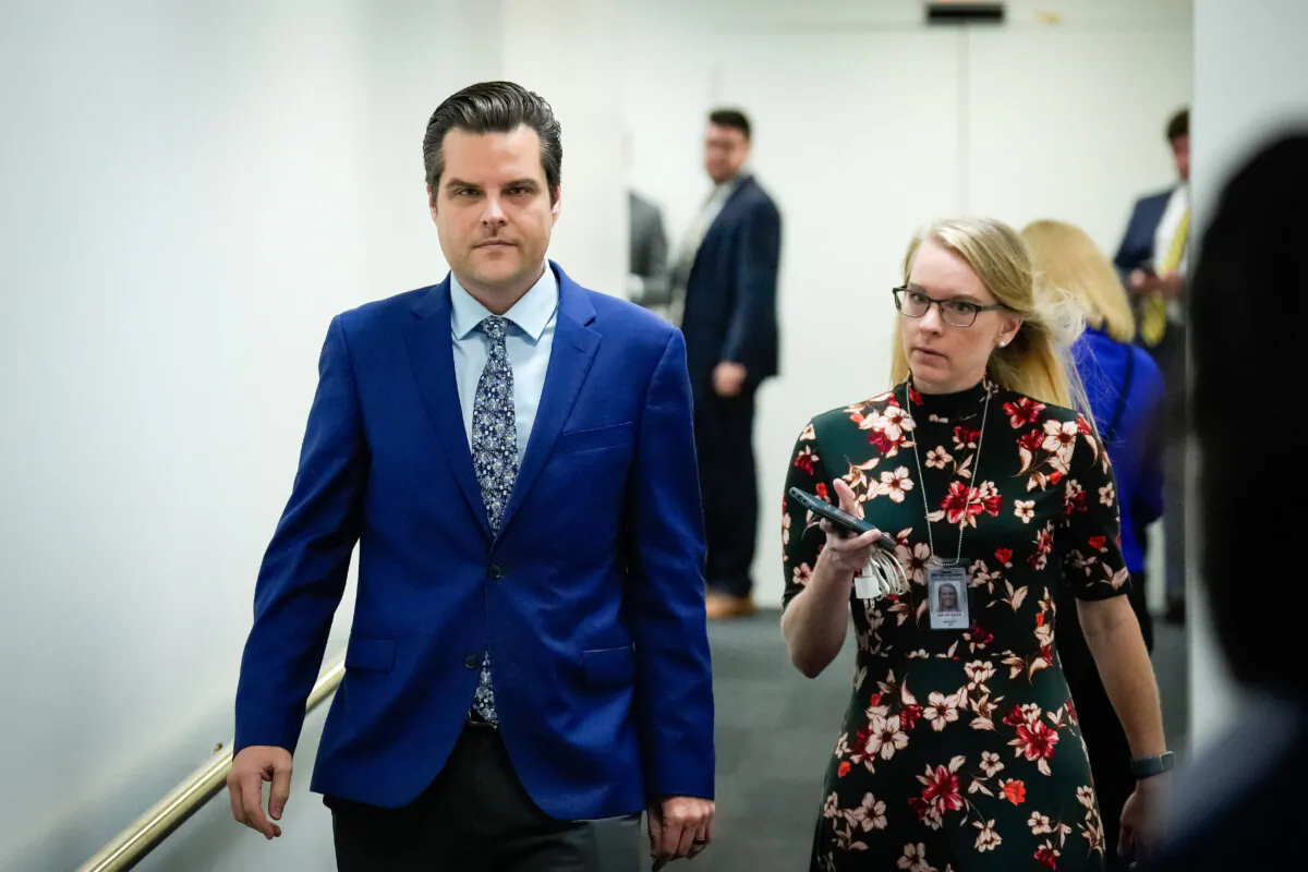 Rep. Matt Gaetz (R-Fla.) leaves a House Republican caucus meeting at the U.S. Capitol in Washington on Oct. 3, 2023. (Drew Angerer/Getty Images)