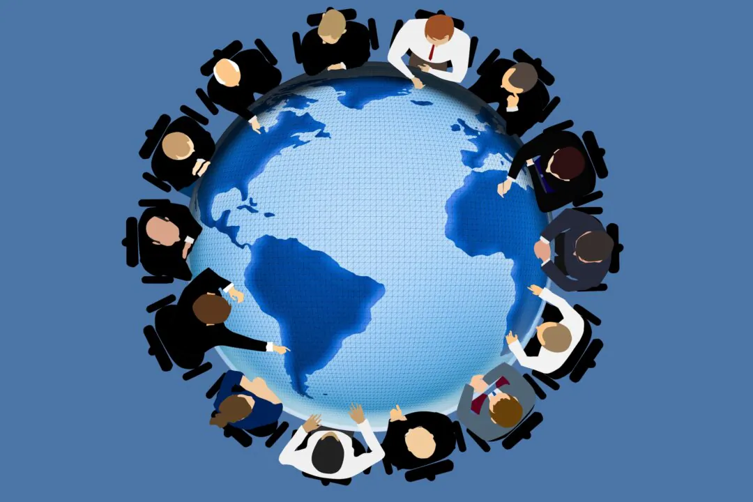 Politicians or boss group authority people discussing strategy sitting at a round table with the image of the world globe. The concept of world government and geopolitics. Top view illustration.