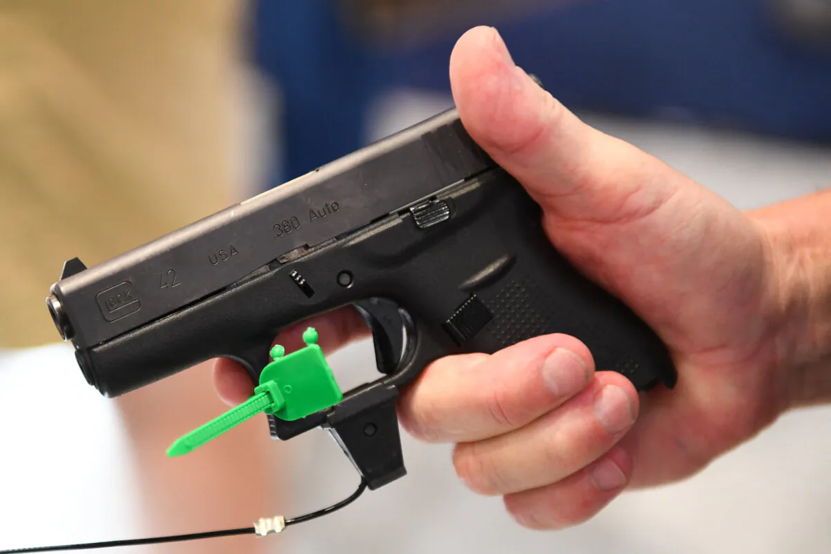 A Glock .380 pistol  during the National Rifle Association (NRA) annual meeting at the George R. Brown Convention Center in Houston on May 28, 2022. (Patrick T. Fallon/AFP via Getty Images)
