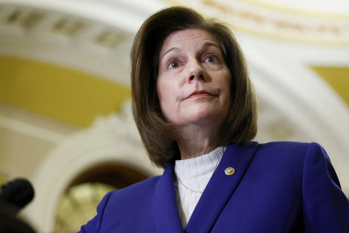 Sen. Catherine Cortez Masto (D-Nev.) speaks at a news conference after a weekly policy luncheon with Senate Democrats at the U.S. Capitol Building in Washington on Feb. 6, 2024. (Anna Moneymaker/Getty Images)
