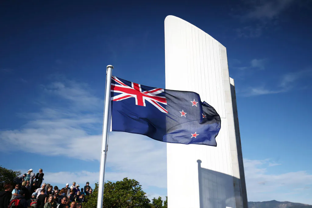 The New Zealand flag flies during the Ataturk Memorial Service in Wellington, New Zealand, on April 25, 2018. (Hagen Hopkins/Getty Images)