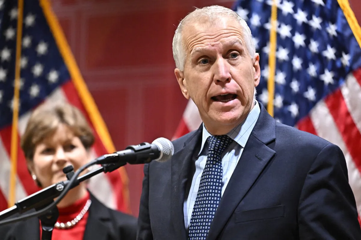 Sen. Thom Tillis (R-N.C.) answers a journalist's question during a press conference at the U.S. Embassy in Budapest, Hungary, on Feb. 18, 2024. (Attila Kisbenedek/AFP via Getty Images)