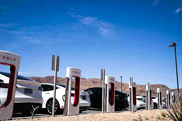 A row of Tesla charging stations in California photographed on May 14, 2022. (Chris Delmas/AFP)