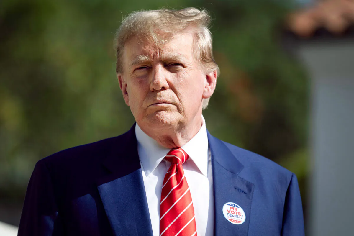 Former President Donald Trump speaks to the media after voting at a polling station in Palm Beach, Fla., on March 19, 2024. (Joe Raedle/Getty Images)