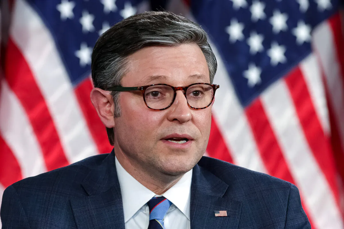 Speaker of the House Rep. Mike Johnson (R-La.) participates in a discussion at the Greenbrier Hotel in White Sulphur Springs, West Va., on March 13, 2024. (Alex Wong/Getty Images)