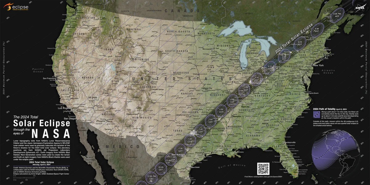 A graphic visualization of the path of totality and partial contours crossing the United States for the total solar eclipse occurring on April 8, 2024. (Courtesy of NASA's Scientific Visualization Studio)