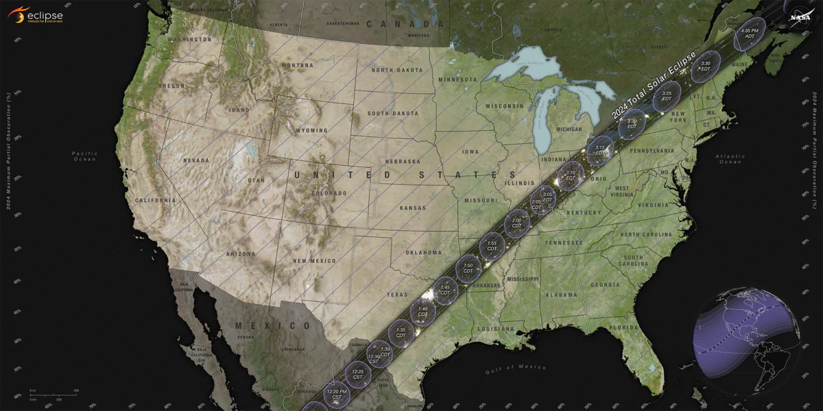 A graphic visualization with no text of the path of totality and partial contours crossing the U.S. for the 2024 total solar eclipse occurring on April 8, 2024. (NASA's Scientific Visualization Studio)