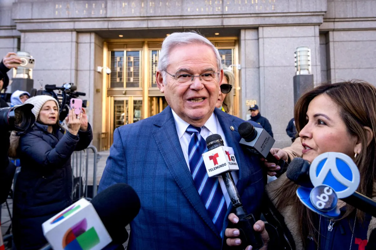 Sen. Bob Menendez (D-N.J.) speaks to members of the media outside the Manhattan Federal Court, in New York City following his arraignment on March 11, 2024. (Adam Gray/AFP via Getty Images)
