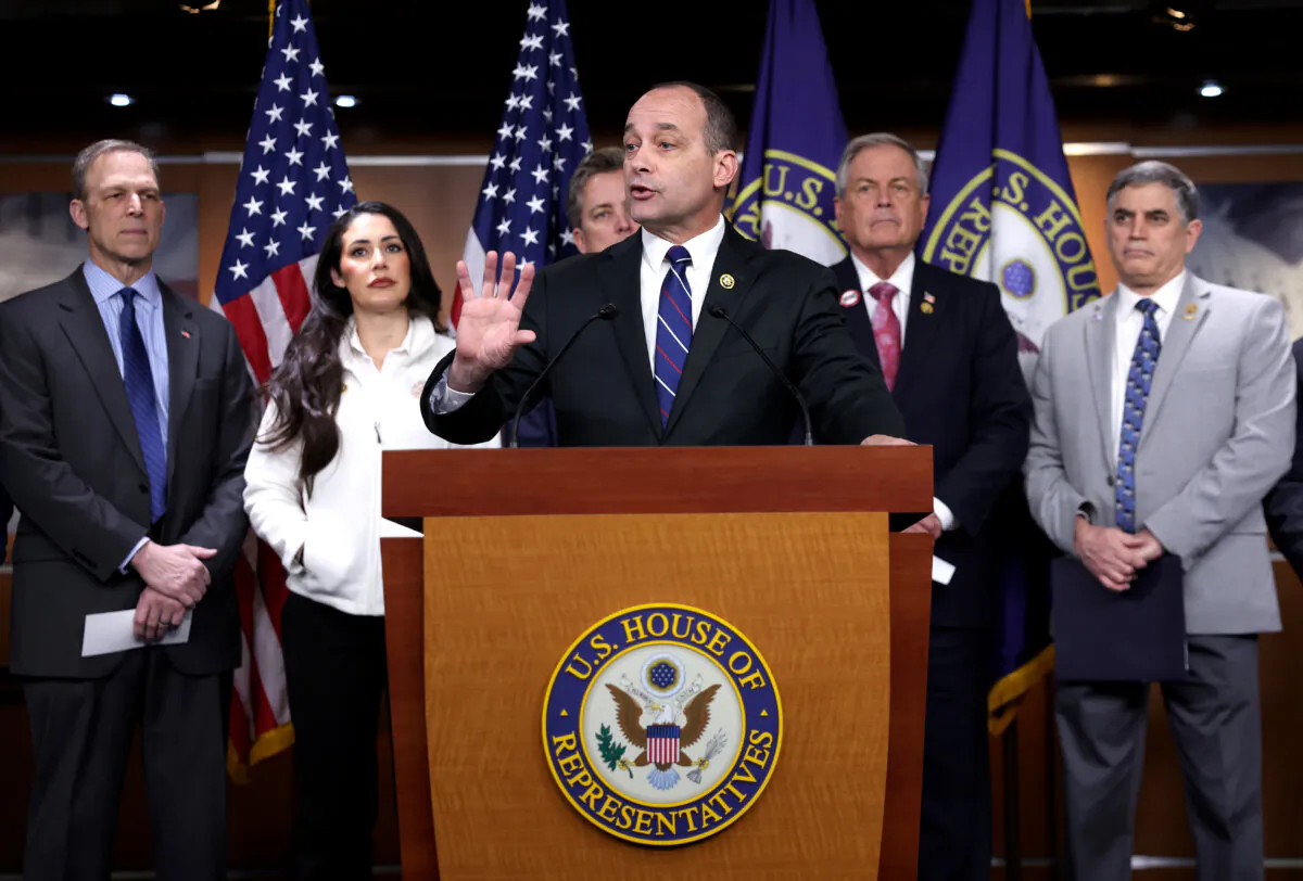 Rep. Bob Good (R-Va.), chairman of the House Freedom Caucus, speaks alongside fellow members during a press conference on the government spending bill, at the U.S. Capitol in Washington on March 22, 2024. (Kevin Dietsch/Getty Images)