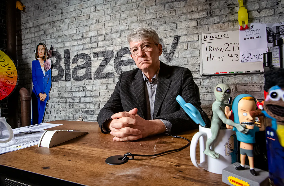 Journalist Steve Baker at Blaze Media headquarters in Irving, Texas, on March 5, 2024. (Bobby Sanchez for The Epoch Times)