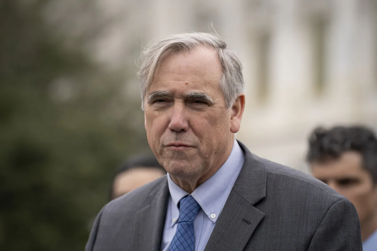Sen. Jeff Merkley (D-Ore.) speaks during a press conference at the House Triangle near the U.S. Capitol building on March 22, 2024. (Madalina Vasiliu/The Epoch Times)