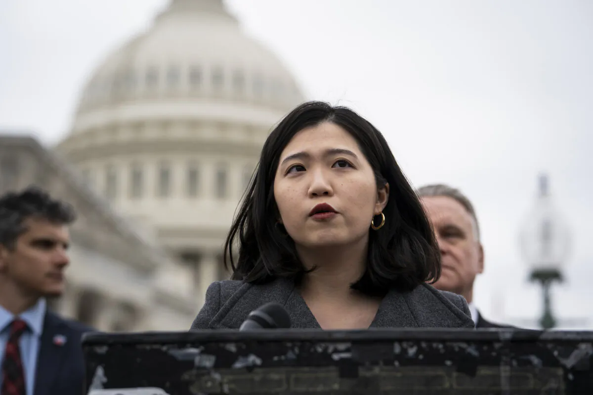 Anna Kwok of the Hong Kong Democracy Council speaks during a press conference discussing the implications of Hong Kong's Safeguarding National Security Bill (Article 23 legislation) at the House Triangle near the U.S. Capitol building in Washington on March 22, 2024. (Madalina Vasiliu/The Epoch Times)