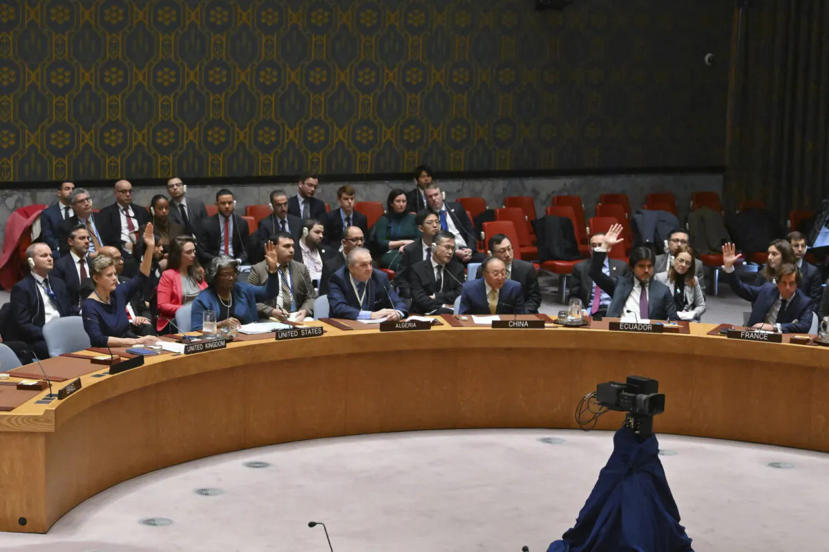 The UN Security Council votes on a motion for a Gaza ceasefire and hostage deal vote at U.N. headquarters in New York on March 22, 2024. (Angela Weiss/AFP via Getty Images)