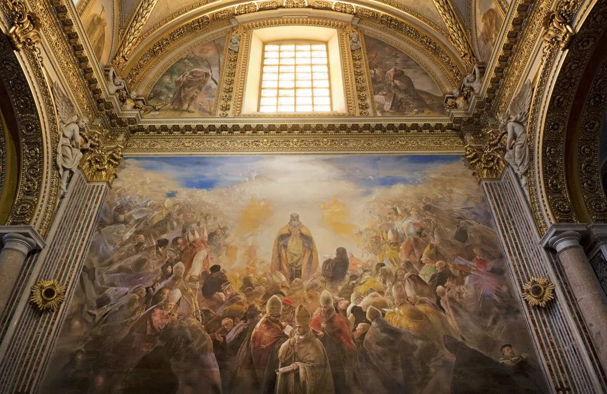Italian artist Pietro Annigoni freely gave his time and talent to church commissions, accepting no payment. He painted many new frescoes in Montecassino Abbey (80 miles southeast of Rome), including “The Glory of Saint Benedict.”  (Paolo Bona/Shutterstock)