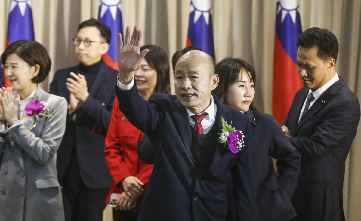 Newly elected Speaker of the Legislative Yuan Han Kuo-yu waves to the media after a swearing-in ceremony at the chamber in Taipei on Feb. 1, 2024. (I-Hwa Cheng/AFP via Getty Images)