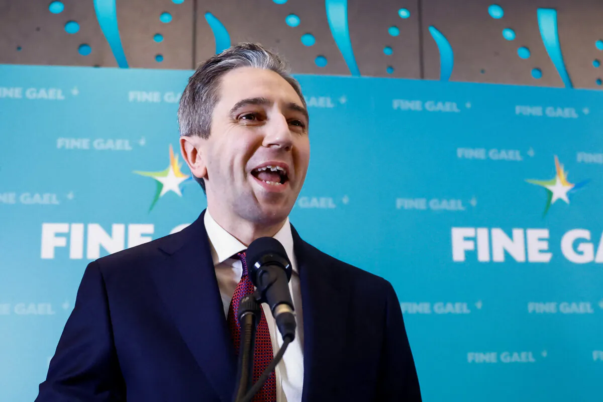 Ireland's Minister for Higher Education, Simon Harris, speaks after being announced as the new leader of Fine Gael at the party's leadership election convention, in Athlone, Ireland, on March 24, 2024. (Clodagh Kilcoyne/Reuters)