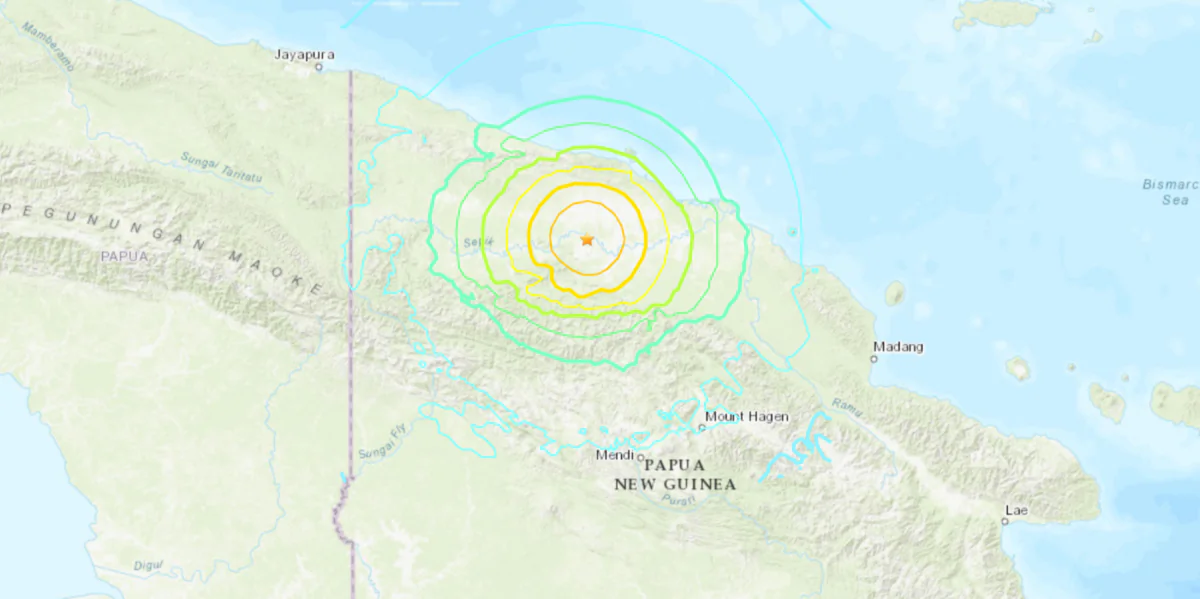 A map showing the location of a magnitude 6.9 earthquake that hit the East Sepik region near the town of Ambunti in Papua New Guinea, on March 24, 2024. (USGS/Screenshot via The Epoch Times)
