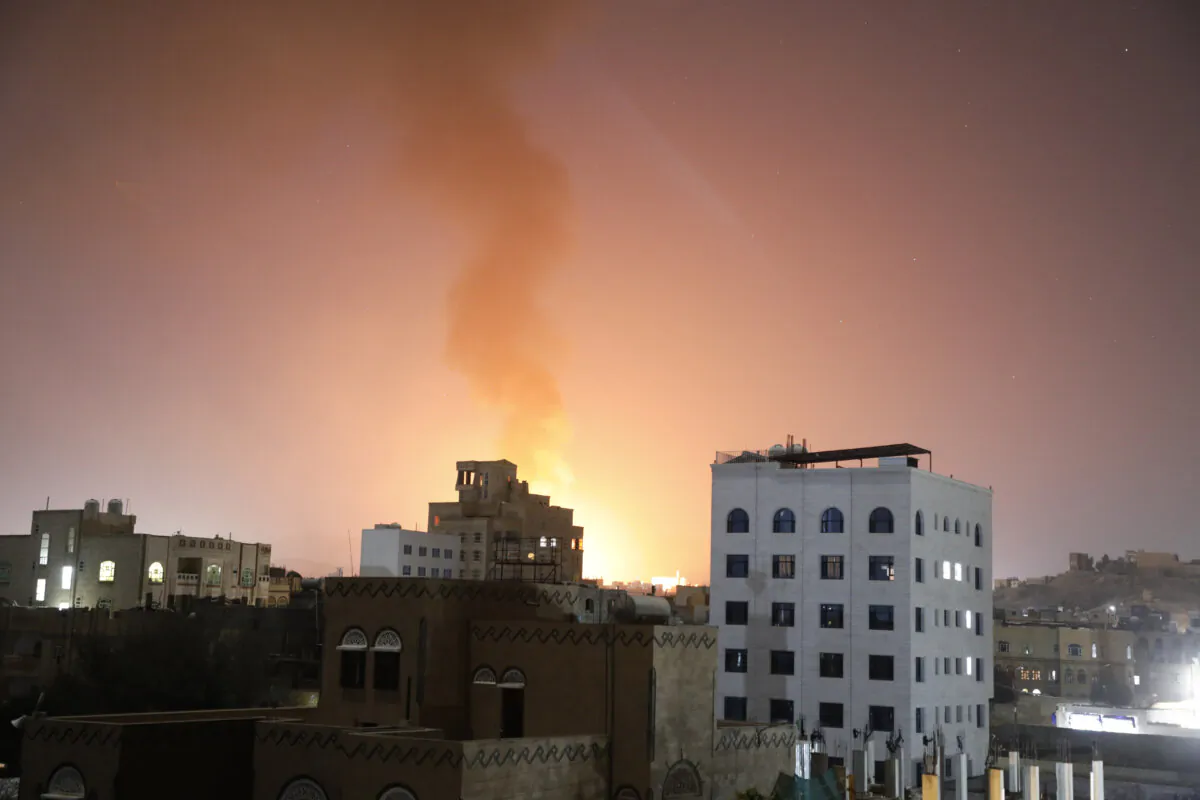 Smoke rises after U.S.-led airstrikes on targets in Sanaa, Yemen, on Feb. 25, 2024, following attacks by the Iran-backed Houthi militia group on ships in the Red Sea and Gulf of Aden. (AP Photo/Osamah Abdulrahman) 