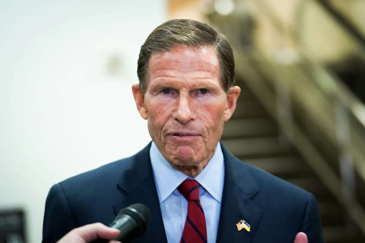 Sen. Richard Blumenthal (D-Conn.) speaks with reporters during a press conference in the U.S. Capitol in Washington on July 11, 2023. (Madalina Vasiliu/The Epoch Times)
