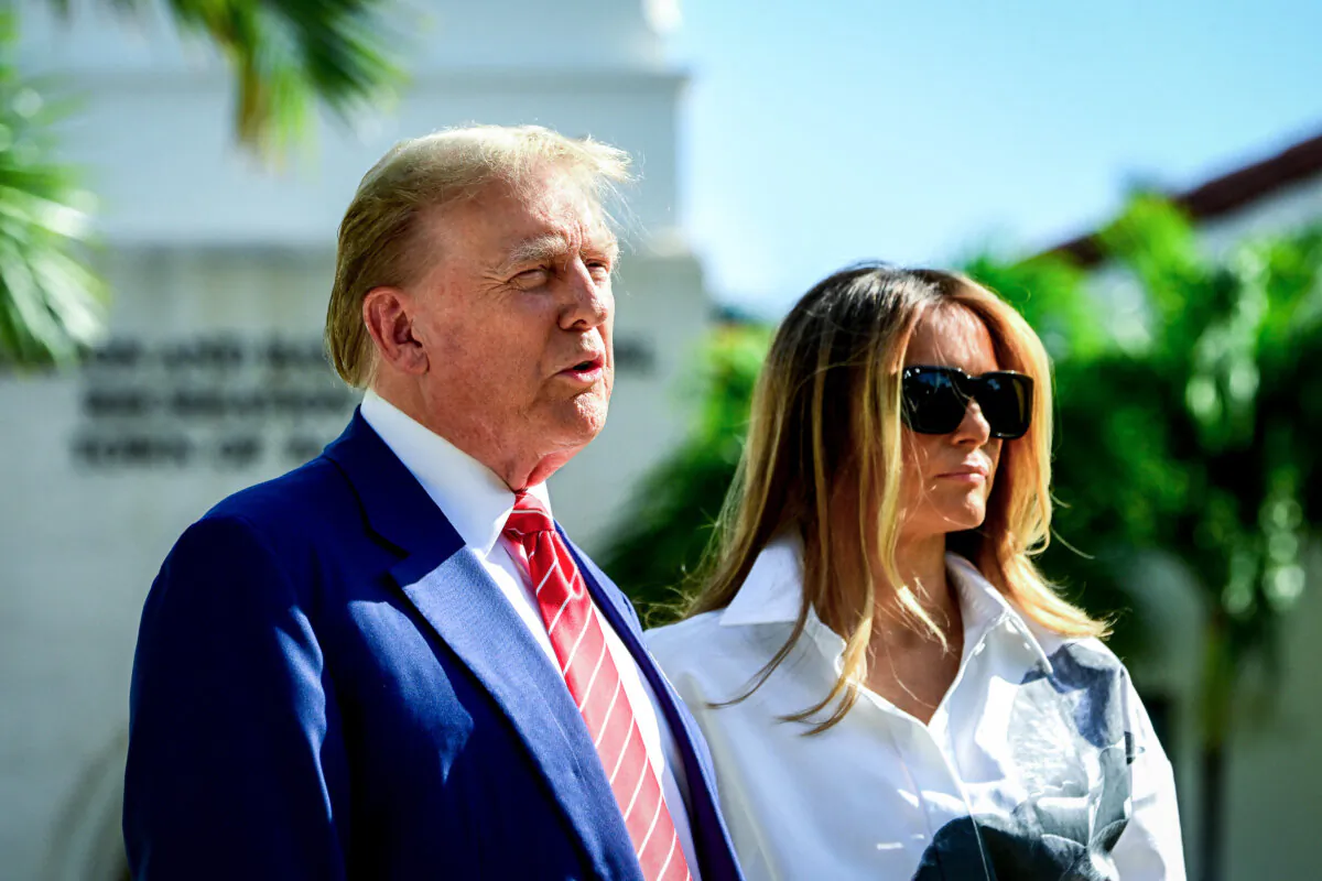 Republican presidential candidate and former President Donald Trump and former First Lady Melania Trump arrive to vote in Florida's primary election at a polling station at the Morton and Barbara Mandel Recreation Center in Palm Beach, Fla., on March 19, 2024. (Giorgio Viera/AFP via Getty Images)