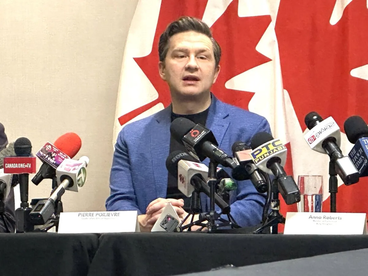 Conservative Leader Pierre Poilievre speaks to reporters during a press conference in Toronto on March 22, 2024. (Shahrzad Ghanei/The Epoch Times)
