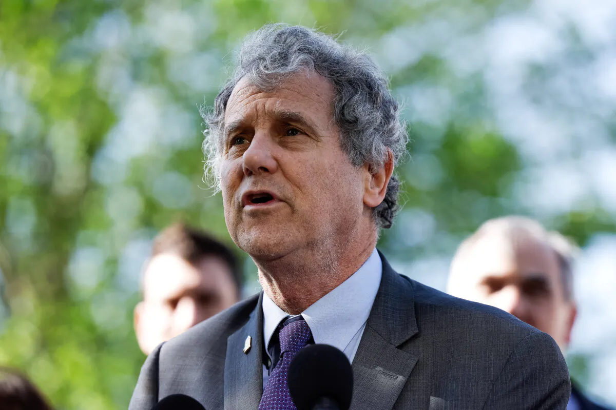 Sen. Sherrod Brown (D-Ohio) speaks at a press conference on the introduction of the Senate ETHICS Act outside of the U.S. Capitol Building in Washington on April 18, 2023. (Anna Moneymaker/Getty Images)
