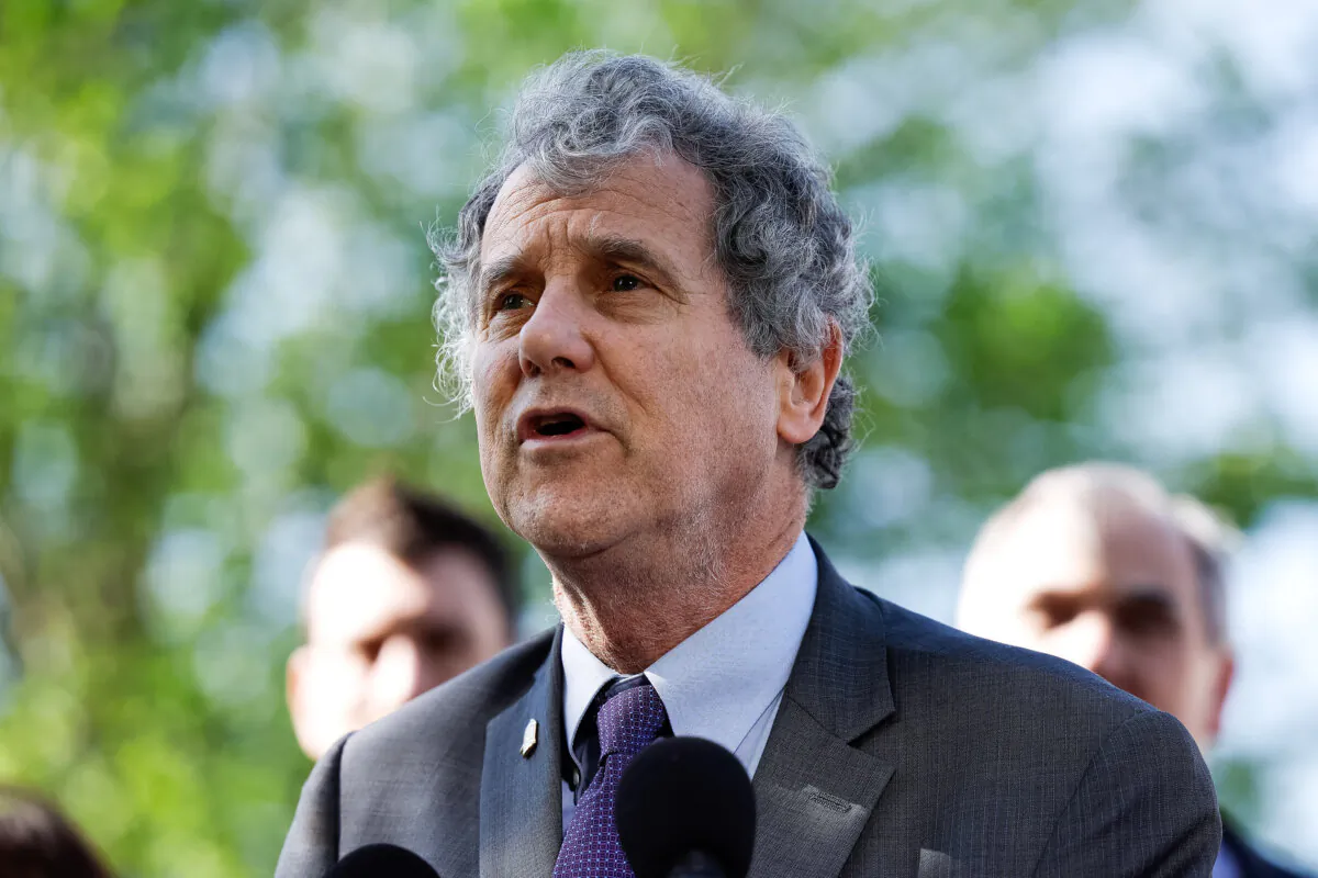 Sen. Sherrod Brown (D-Ohio) speaks at a press conference on the introduction of the Senate ETHICS Act outside of the U.S. Capitol on April 18, 2023. (Anna Moneymaker/Getty Images)