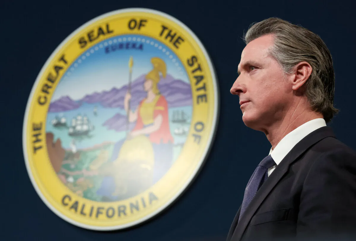 California Gov. Gavin Newsom looks on during a press conference in Sacramento, Calif., on Feb. 1, 2023. (Justin Sullivan/Getty Images)