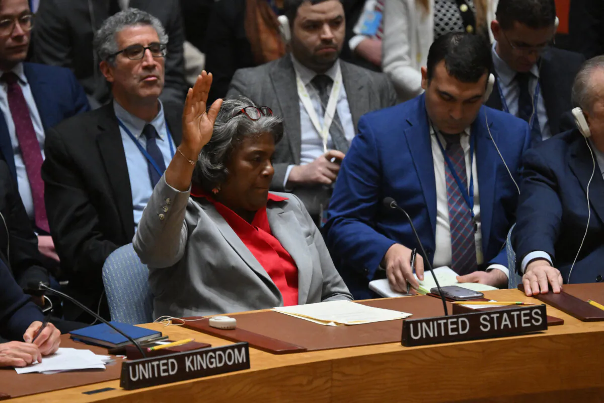 U.S. Ambassador to the U.N. Linda Thomas-Greenfield votes abstain during a vote on a resolution calling for an immediate ceasefire in Gaza during a United Nations Security Council meeting on the situation of the Palestinian question, at the U.N. headquarters in New York on March 25, 2024. (Angela Weiss/AFP via Getty Images)