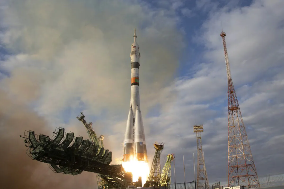 The Soyuz 2.1a rocket with Soyuz MS-25 spacecraft carrying NASA astronaut Tracy Dyson, Oleg Novitsky of Roscosmos, and Marina Vasilevskaya of Belarus to the International Space Station, lifts off from the Russian-leased Baikonur launch facility in Kazakhstan, on March 23, 2024. (Natalya Berezhnaya, Roscosmos space corporation via AP)