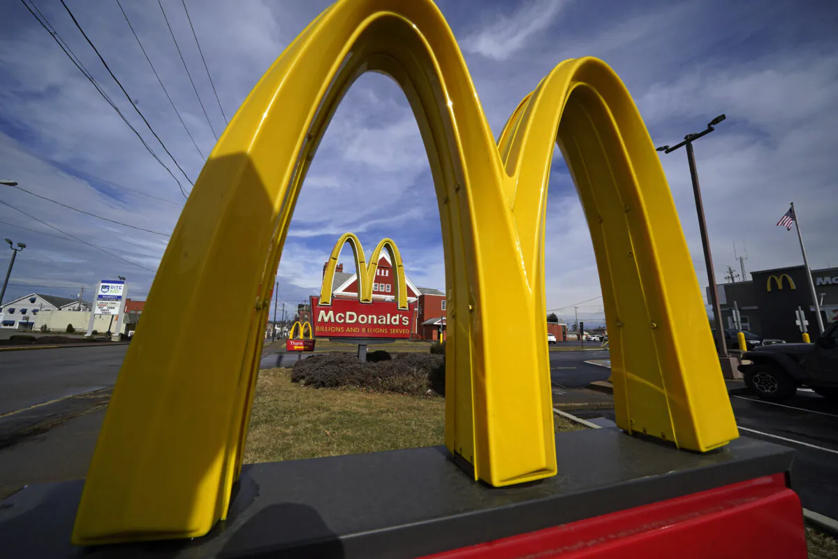 McDonald's restaurant signs are shown in in East Palestine, Ohio, on Feb. 9, 2023. (Gene J. Puskar/AP Photo)