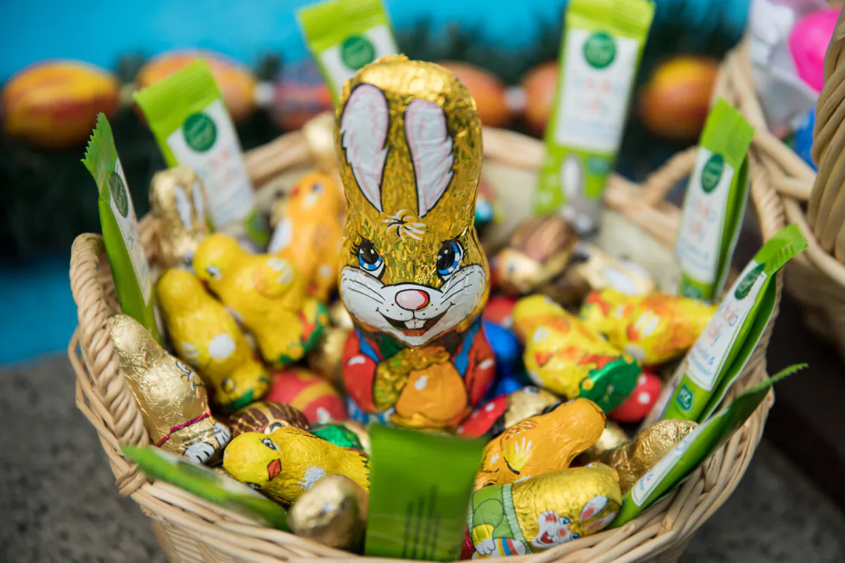 A basket full of chocolate is pictured on Easter Sunday, on April 16, 2017 in Mitterteich, sothern Germany.(Daniel Karmann/DPA/AFP via Getty Images)